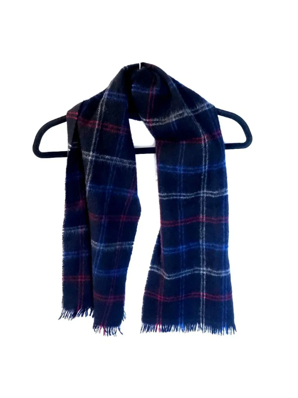 Vtg Wool Mohair Tartan Plaid Muffler Scarf Fringe Blue Red Black Academia Check